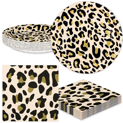 DYLIVeS Leopard Print Birthday Party Tableware for 24, Disposable 9 inch Paper Plates and 3 Ply Luncheon Napkins for Jungle Safari Cheetah Print Leopard Birthday Party Decorations