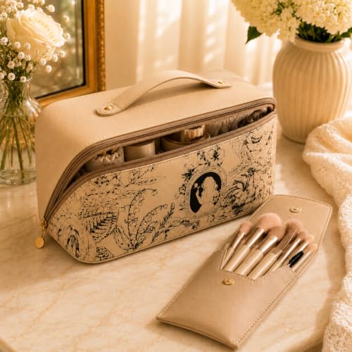 Image of Travel Makeup Bag with Make Up Brushes Makeup Bag Organizer Large Capacity Floral Cosmetic Bag for Women with Compartments Waterproof Leather Flat Open Portable Cosmetic Travel Bag with Handle Beige