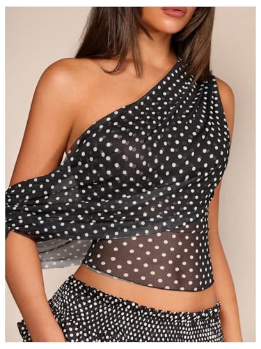 SOLY HUX Women's Off The Shoulder Tops Polka Dots Mesh See Through Crop Tank Shirts Aesthetic Clothes2