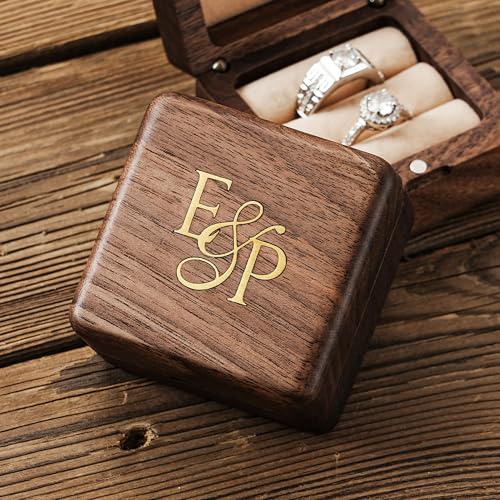 KEMEILA Custom Ring Box with Brass Inlay Handmade Metal Inlay Ring Box for Wedding Wooden Engagement Ring Case Wedding Ring Bearer Anniversary Brithday Gift