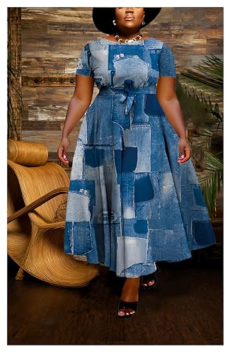 Image of Hostoyo Women Plus Size Formal A Line Maxi Dress Self Tie Waist with Pockets Elegant Round Neck Swing Long Dresses