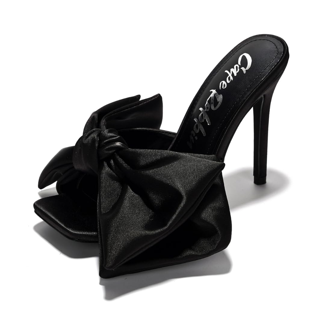 Cape Robbin Stiletto Heels with Oversized Bow - 3.75 Inch Square Toe Slip-On Sandals (Rhianna-2)
