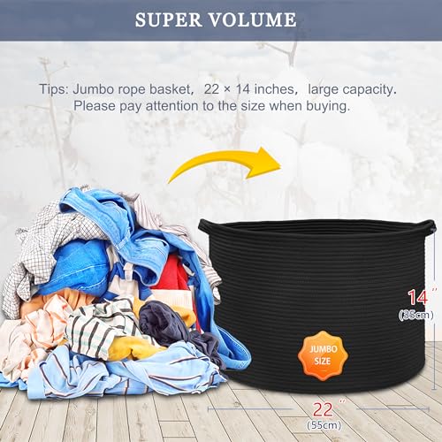 Image of Extra Large Blanket Basket 87L, Laundry Hamper, Baby Nursery Hamper for Storage Toys Clothes Towels, Large Cotton Rope Laundry Basket for Girls Boys, 22 inchx 14 inch, Black
