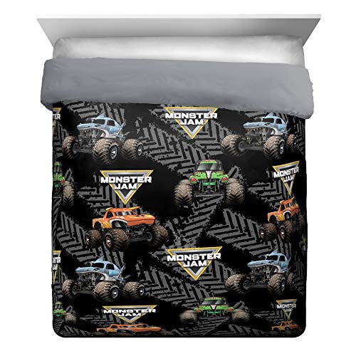 Image of Jay Franco Monster Jam 5 Piece Queen Bed Set - Includes Comforter & Sheet Set - Grave Digger & Megalodon - Super Soft Fade Resistant Microfiber | Grave Digger Megalodon, Comforter Sheets Pillowcases, Official Product, Soft Microfiber, Machine Washable, Boys Gift