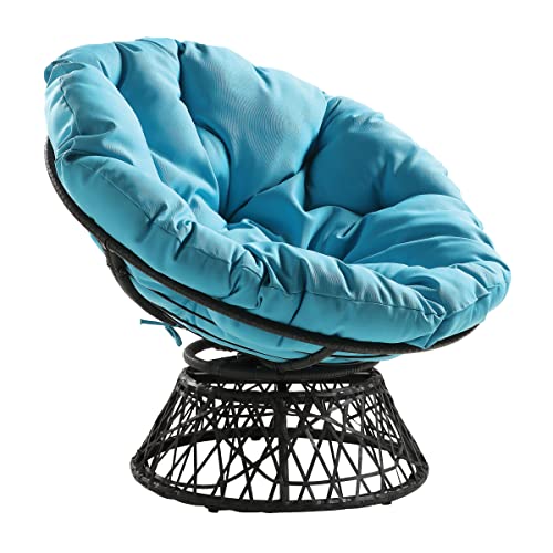 OSP Home Furnishings Wicker Papasan Chair with 360-Degree Swivel, 40” W x 36” D x 35.25” H, Grey Frame with Blue Cushion