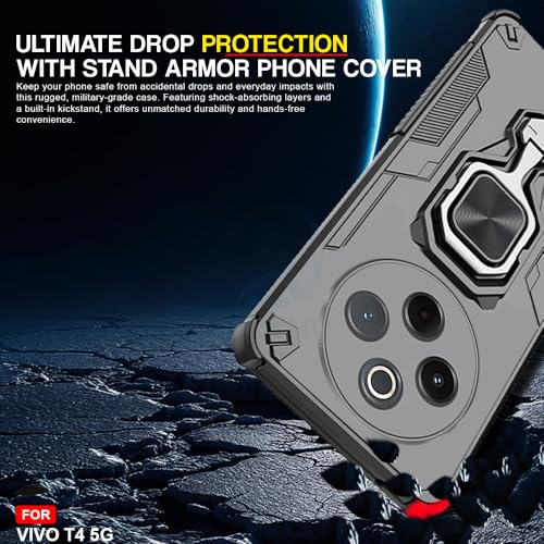Image of AESTMO Armor Back Cover for Vivo T4 5G / iQOO Z10 5G | Ring Holder & Kickstand & Camera Protection in-Built | 360 Degree Protection Back Case Cover (Black)