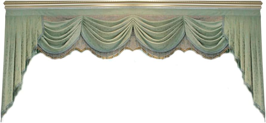 ZZCZZC Solid Chenille Green Matching Valance for Living Room Windows Beaded Kitchen Valance Jacquard Swag Waterfall Valance 1 Panel Width 59 Inch with 2 Swags