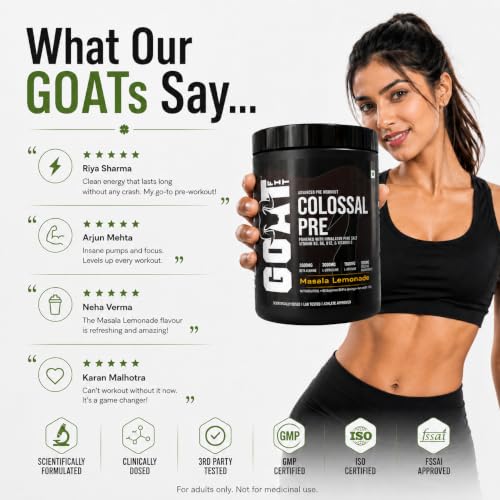Image of GOAT Fit Colossal Pre | PreWorkout Powder 200mg Caffeine 3.5g Beta-Alanine 3g Citrulline 1.5g Arginine 1g Creatine with Himalayan Pink Salt (180gm - 15 Servings, Masala Lemonade)