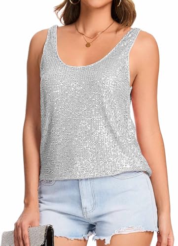 Ainuno Sequin Tops for Women Dressy Silver Tank Top Sexy Las Vegas Outfits Sparkly Going Out Shirts Women's Disco Outfit White Summer Shirt Woman Fashion Rave Club Glitter Clothes,L