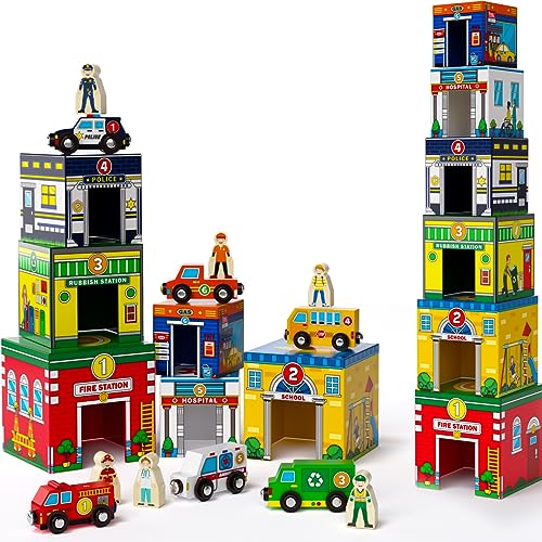 Atoylink Toddler Sorting and Stacking Toys with Magnetic Wooden Cars & Community Helpers, Baby Number Blocks Nesting Boxes Preschool Learning Montessori Toys for 1 2 3 Year Old Boys Girls Gift