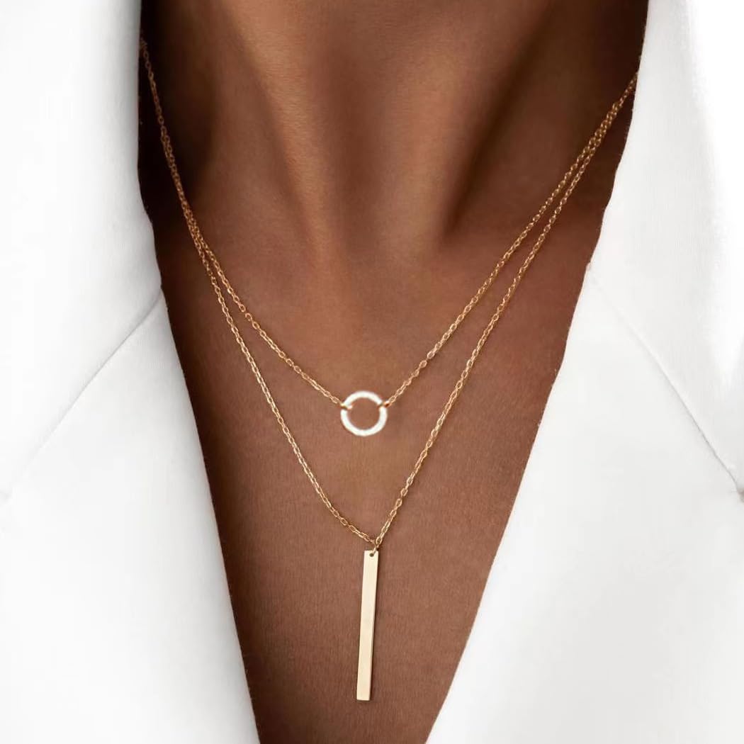 Bar Pendant Necklace Gold Bar Circle Strip Layered Necklace 14K Gold Plated Delicate Pendant, Layered Y Necklace for Women and Teen Girls - Image 6