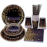 Juego de vajilla para fiestas: color negro y dorado, añade un elegante grado de gama alta a tu fiesta, haz que tu fiesta sea inolvidable e impresionante