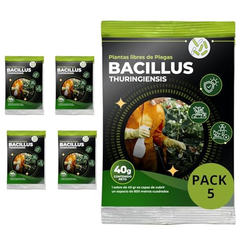 TRABE Pack 5 Bacillus Thuringiensis 40g | Protección contra Orugas Ecológico | Protege Todo Tipo de Cultivos y Plantas de Plagas | Respeta Animales, Medio Ambiente y Personas