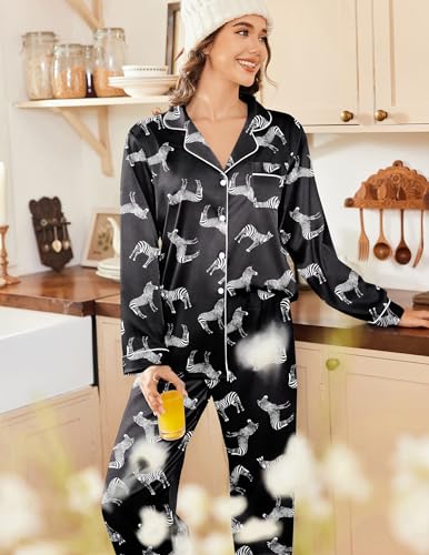 Image of Ekouaer Womens Satin Pajama Set Classic Pattern Silky Pj Sets Button Down Sleepwear Loungewear