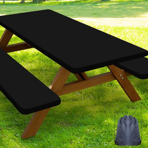 Smiry Picnic Table Cover with Bench Covers, Waterproof Elastic Fitted Polyester Tablecloths for 6 Ft Rectangle Tables, Washable Windproof Tablecloth for Camping, RV & Outdoor (Black, 30x72 Inches)