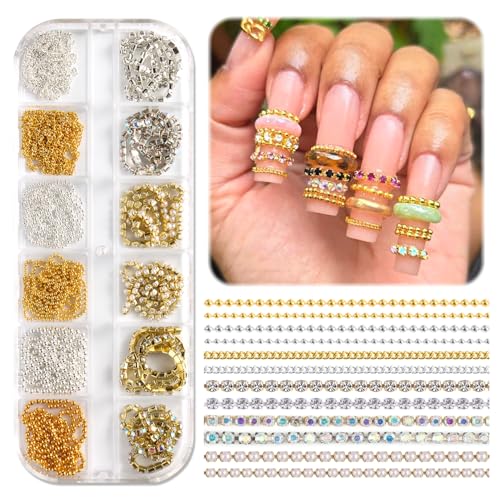 12 Strips Metal Nail Chain Charms, 3D Gold Silver Nail Art Line Accessories, Punk Luxury Pearl Gem Jewelry Chains for Women Girls Manicure Supplies DIY Crafts Decorations
