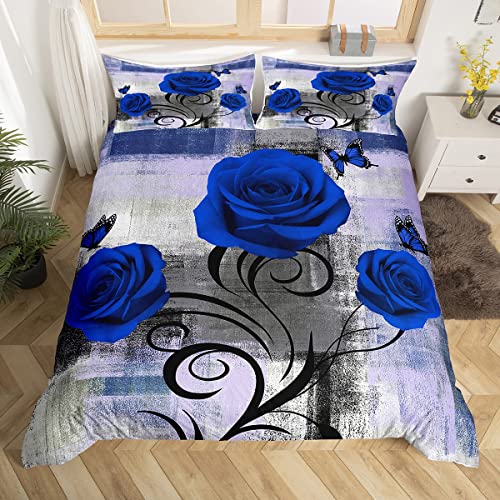 Rose Comforter Cover Blue Floral Print Bedding Set Flower Butterfly Duvet Cover For Children Kids Boys Girls Microfiber Modern Fashion Marble Style Bedspread Cover King Size Bedclothes Zipper #TOP23