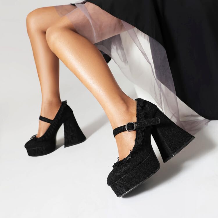 VERISSON Closed Toe Platform Mary Jane Pumps Round Toe Chunky High Heels Laces Buckle Strappy Pumps3