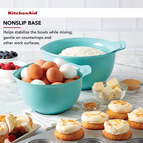 Image of KitchenAid Universal Nesting Plastic Mixing Bowls with Non Slip Base and Pour Spout, Dishwasher Safe, Set Of 3, 2.5 quart, 3.5 quart and 4.5 quart, Aqua Sky
