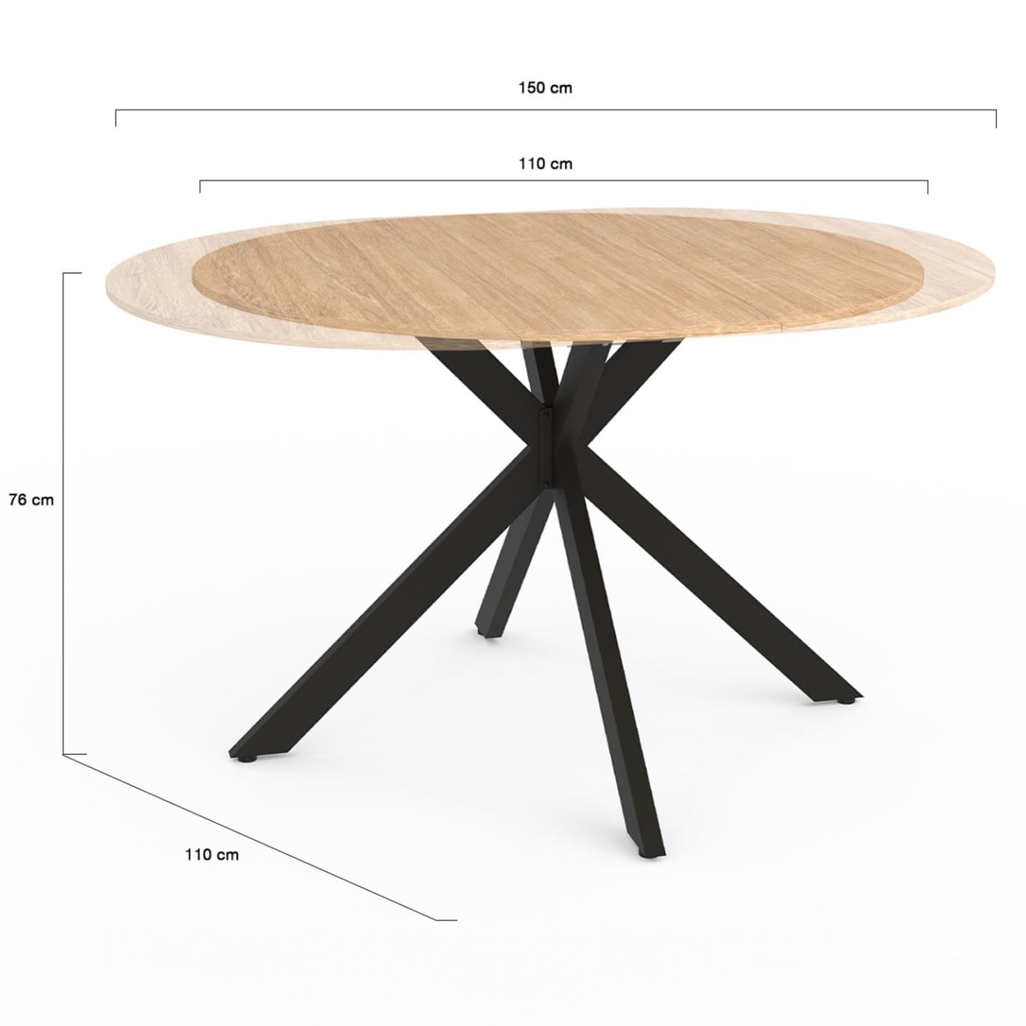 IDMarket - Ausziehbarer runder Esstisch ALIX 4-8 Personen Spinnenbein Holz und Schwarz 110-150 cm