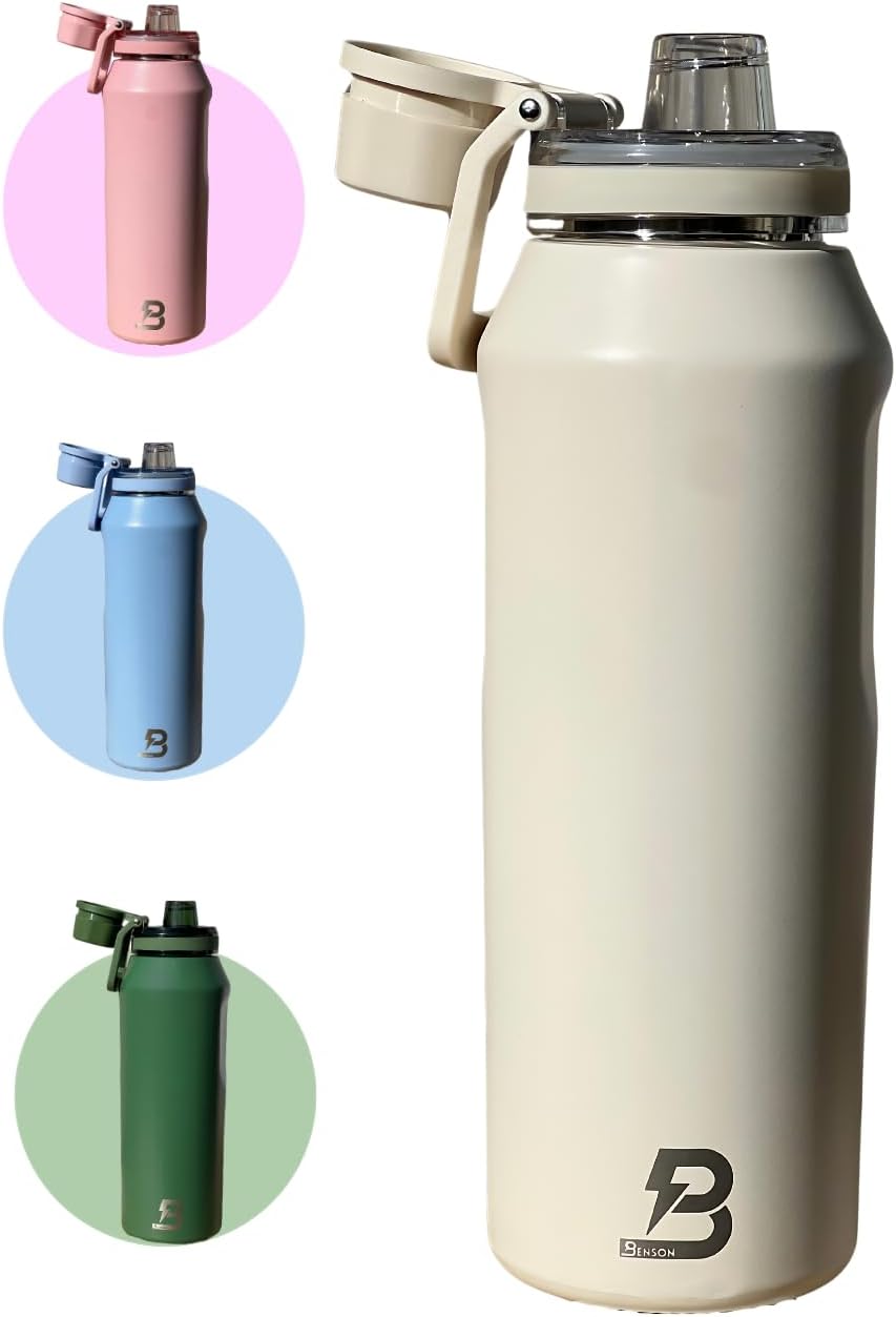 Benson Stainless Steel Drinking Bottle 750 ml / 950 ml Double-Walled Insulated Leak-Proof with Screw Cap BPA-Free and Carbonated Sports Bottle (Beige, 750 ml)
