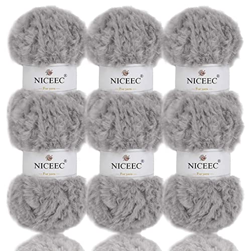 Image of NICEEC Faux Fur Yarn Super Soft, Chunky & Fluffy, Eyelash Yarn for Crochet & Knitting(Total Length 210yds /10.6oz) - Grey /300g