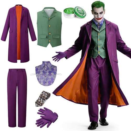 Beeoecm Déguisement Joker Homme, Ensemble de Costume Joker Tueur Horreur Killer Clown Adulte avec Manteau Violet, Gilet Vert, Pantalon, Cravate, Faux Col de Chemise et Gants pour Halloween (L)