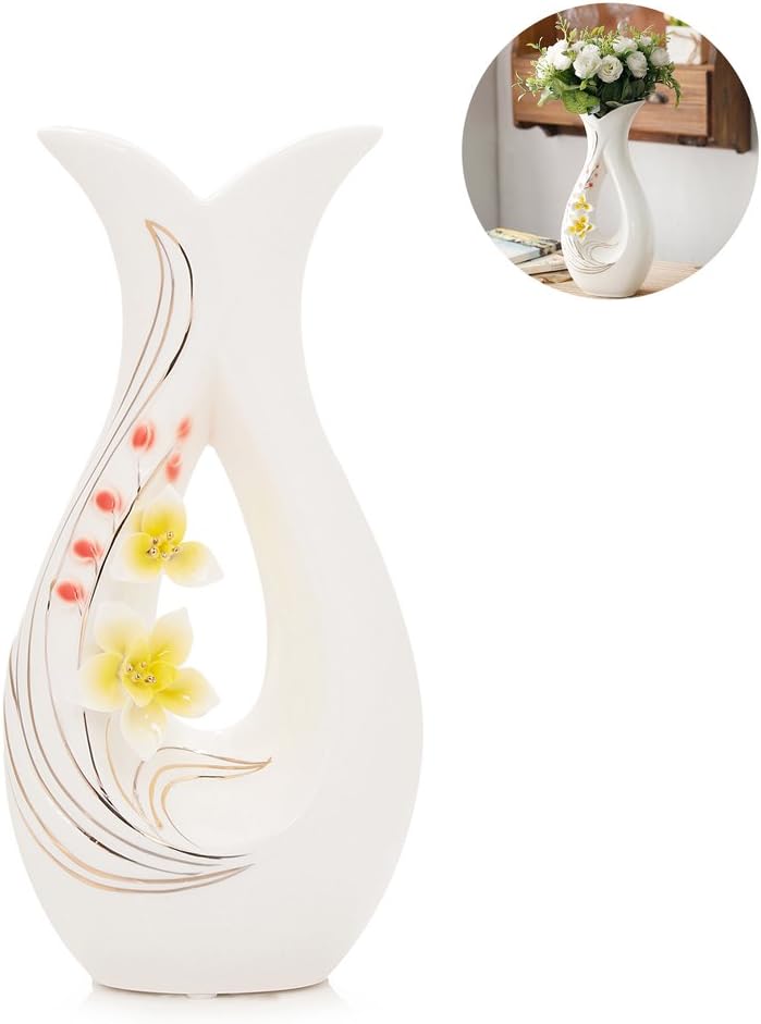 Tall White Ceramic Flower Vases,11.6’’ High Decorative Vases with Handmade Porcelain Yellow Flowers for Living Room, Kitchen, Table, Home, Office, Centerpiece, Wedding, Party or as a Gift