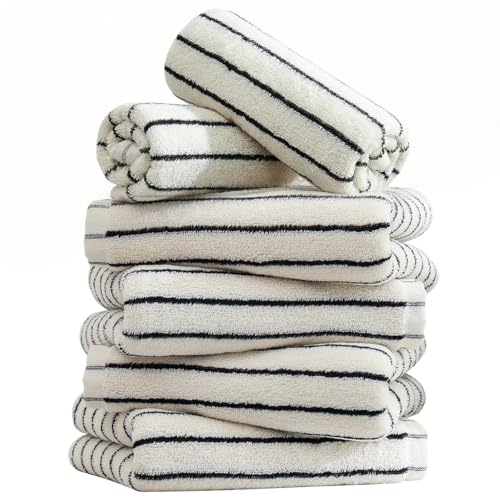 Qaxopl 6 Piece Black and White Striped Hand Towels 100% Cotton Bathroom Towels Ultra Soft and Highly Absorbent Hand Towels for Bathroom Kitchen Showering Spa Gym Hotel (13 x 29)