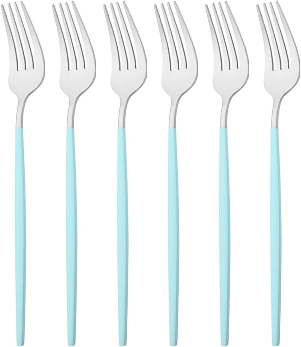 6Pcs Mint Gold Stainless Steel Cutlery Dinnerware Set Butter Knives Fork Coffee Spoon Long Spoons Tableware Set Kitchen Flatware (Color : Dinner Fork silver-21.5cm)