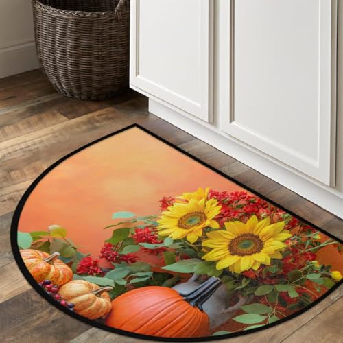 Image of cfpolar Half Round Door Mat Pumpkin Food Sunflower Fall Non-Slip Semi Circle Area Rug Washable Half Moon Hearth Rugs for Indoor Outdoor Bathroom Kitchen Patio Runner Mat Laundry Room Home Decoration