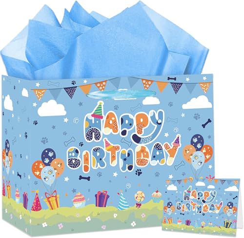 HZRNNA Blue Paw Print Gift Bag Large Dog Birthday Gift Bag with Tissue Paper and Card Dog Themed Birthday Decorations for Boys Newborn Baby Shower Party Supplies