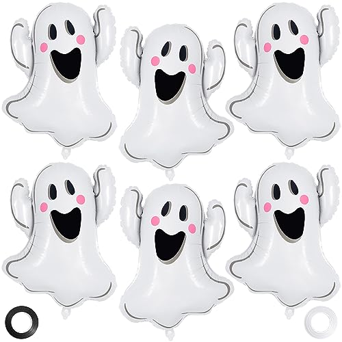 6 Pcs Halloween Ghost Balloons White Ghost Shaped Foil Balloon Large Mylar Balloons for Trick or Treat Halloween Themed Party Decoration