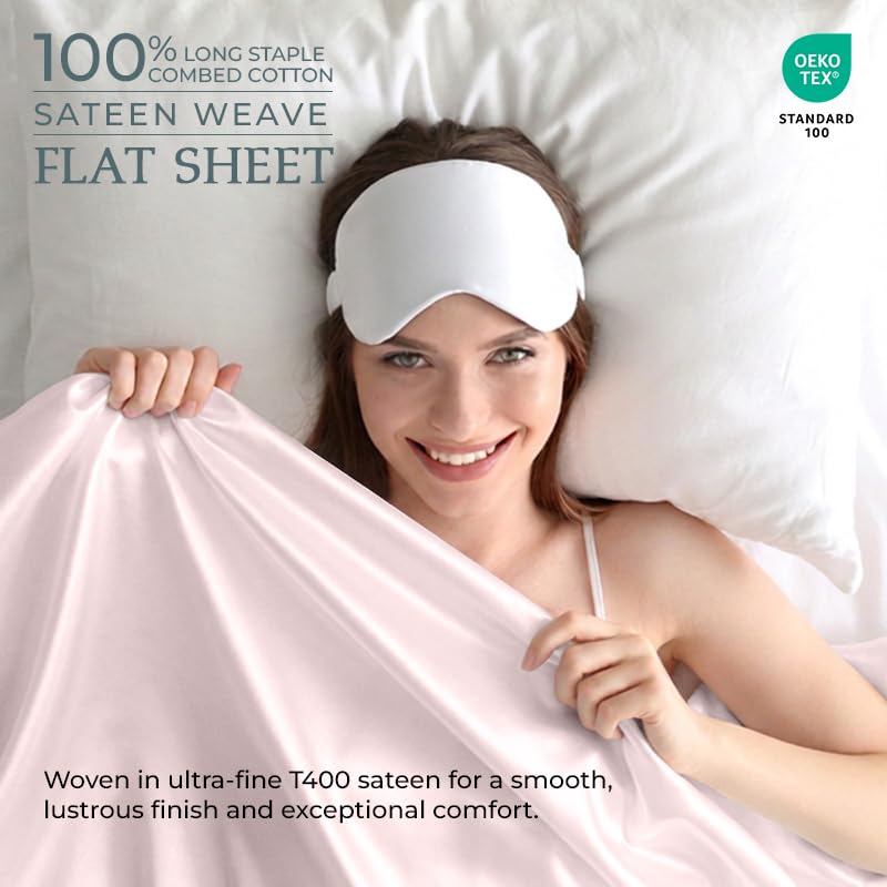 Image of Royale Linen 400 Thread Count 100% Cotton Flat Sheets Only - Cooling Sheets - King Flat Sheets Only Sold Separately - Luxury Sateen Weave - Breathable & Super Soft Top Sheet Only (King, Kyoto Blush)