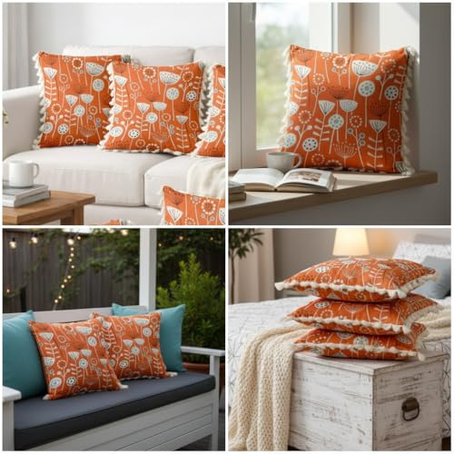 Image of STITCHNEST 'Little Meadow Series' Tassled Cushion Cover | Set of 2 | Floral Cushion Cover 24 inch x 24 inch