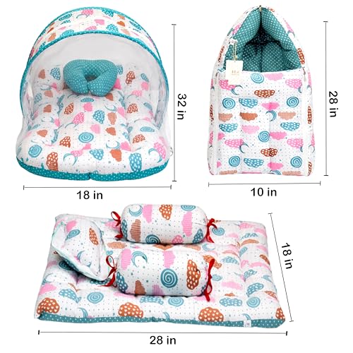 Image of Fareto Combo of Baby Bed with Net | Carry Bag | 4 Pcs Bedding Set (0-6 Months, Baby Size, Cotton) (Pista Sprial)