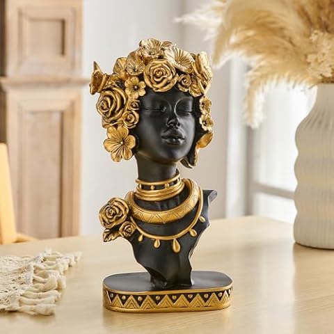 FJS African Statues Women Sculptures for Home Decor 10.03" Black and Gold Art Statue Shelf Décor Aesthetic Home Decorations for Living Room Bedroom Office Table Bookshelf Decorative Objects (Freedom) Cover