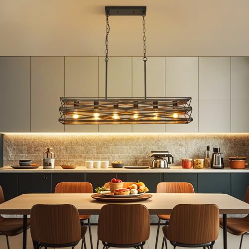 40''Large Farmhouse Rectangular Chandeliers for Dining Room,6-Light Black Matte Dining Light Fixture,Modern Industrial Pendant Lights Kitchen Island,Linear Chandelier with Retro Wood Texture Interior by Sigaitwei - Used condition - Image 2
