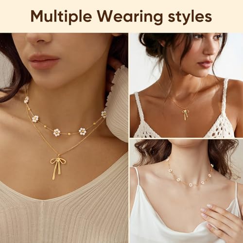KSF Womens Gold Bow Pearl Necklace - Dainty 18k Gold Plated Layered Bow Daisy Pearl Necklaces Set for Women, Cute Bow Flower Choker Necklace Trendy Jewelry Gifts3