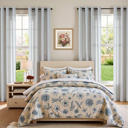 Image of jinchan Linen Curtains 96 inch Blue Stripe on Beige Grommet 2 Panels