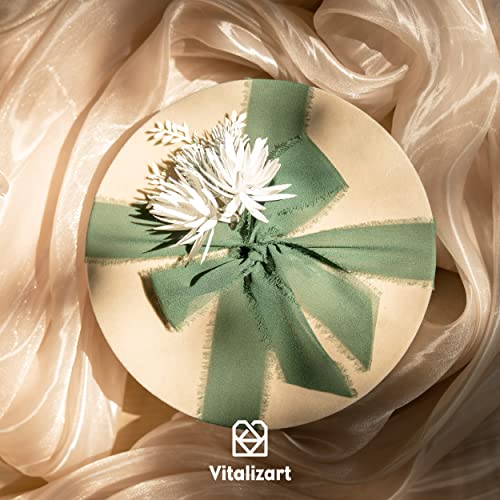 Vitalizart 3 Rolls Handmade Fringe Chiffon Silk Ribbon 1.5" X 7Yd Dark Green Ribbons Set For Wedding Invitations, Bridal Bouquets, Gifts Wrapping, Diy Crafts #TOP3