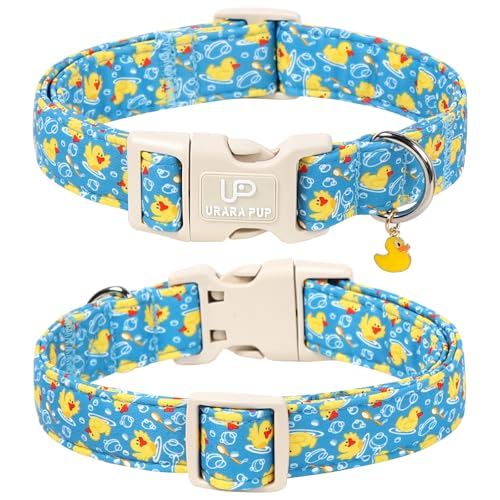 Image of Adorable Duck Dog Collar,Cotton Adjustable Puppy Collar with Cute Duck Charm Pendant, Durable Quick Release Buckle, Soft Comfortable Pet Collar for Small Medium Large Girl Boy Dogs