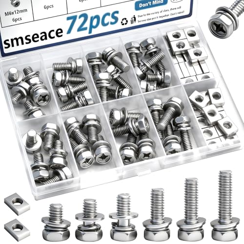 smseace 72Pack Battery Terminal Bolts and Nuts 6-Sizes M6x10/12/14/16/18/20mm 304 Stainless Steel Motorcycle Battery Bolts with Square Nuts for ATV Bike Scooter Motorcycle