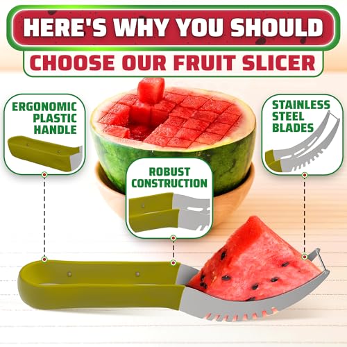 Stainless Steel Watermelon Slicer Tool – 9.05" x 1.5" Watermelon Cutter Tool Cuts 1 In Cubes & Slices – Ergonomic Handle, Mess-Free Fruit Cutting for Cantaloupe, Honeydew, Papaya & Other Summer Snacks