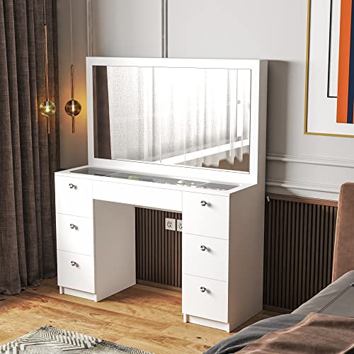 Boahaus Venus Modern Vanity Desk, Wide Mirror, Multi Color (White/Black), Custom Size, For Bedroom (White Standard, Basic Knobs) #TOP1