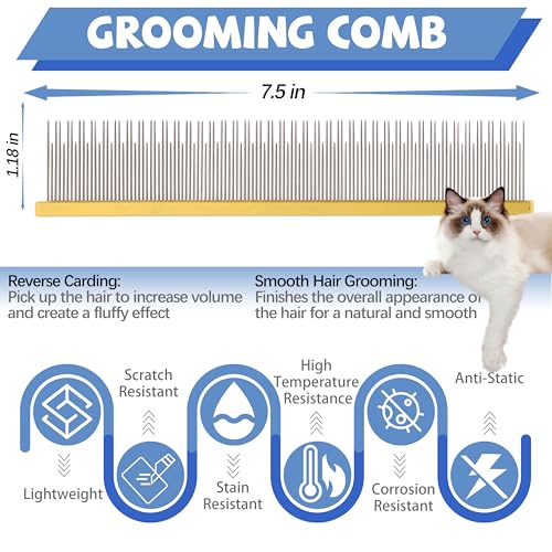 Image of 8.5 Inch Dual Tooth Pet Comb for Mats and Tangles,Professional Grooming Comb Removing Excess Hair for Long-Haired Cats and Dog Kit,Prevent Undercoat, Excess Hair,Mats and Tangles,Pet Essential