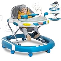 2 in 1 Foldable Baby Walker & Rocker - Multifunctional Walker with 4 Adjustable Heights, Removable Feeding Tray, Music & Silent Wheels - Baby Walkers for Boys & Girls 6 Months+
