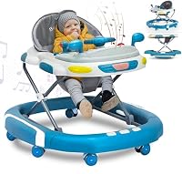 2 in 1 Foldable Baby Walker & Rocker - Multifunctional with 4 Adjustable Heights, Removable Feeding Tray, Music & Silent Wheels - Baby Walker for Boys & Girls 6 Months+ (Blue)