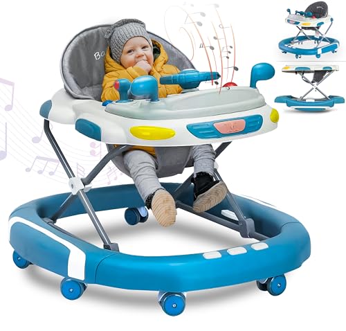 2 in 1 Foldable Baby Walker & Rocker - Multifunctional with 4 Adjustable Heights, Removable Feeding Tray, Music & Silent Wheels - Baby Walker for Boys & Girls 6 Months+ (Blue)