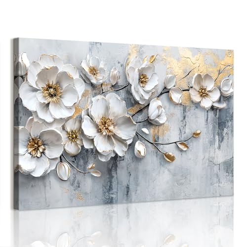 WENGTIAO Floral Pivoine Blanche Grande Tableau Decoration Murale Encadré Toile Peinture Esthétique Blanc Fleurs Decoration Murale Salon Maison Deco Chambre...